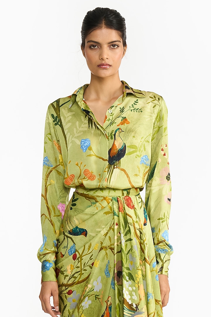Green Pure Satin Chinoiserie Printed Skirt Set by Gauri And Nainika at Pernia's Pop Up Shop