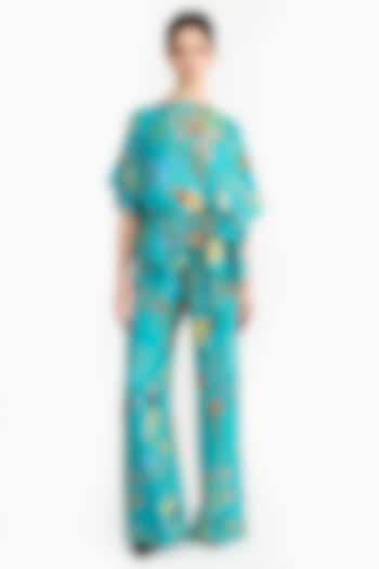 Turquoise Habutai Silk Chinoiserie Printed Kaftan Set by Gauri And Nainika at Pernia's Pop Up Shop