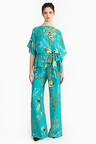 Turquoise Habutai Silk Chinoiserie Printed Kaftan Set by Gauri And Nainika
