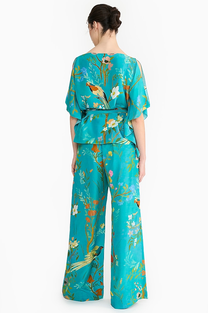 Turquoise Habutai Silk Chinoiserie Printed Kaftan Set by Gauri And Nainika at Pernia's Pop Up Shop