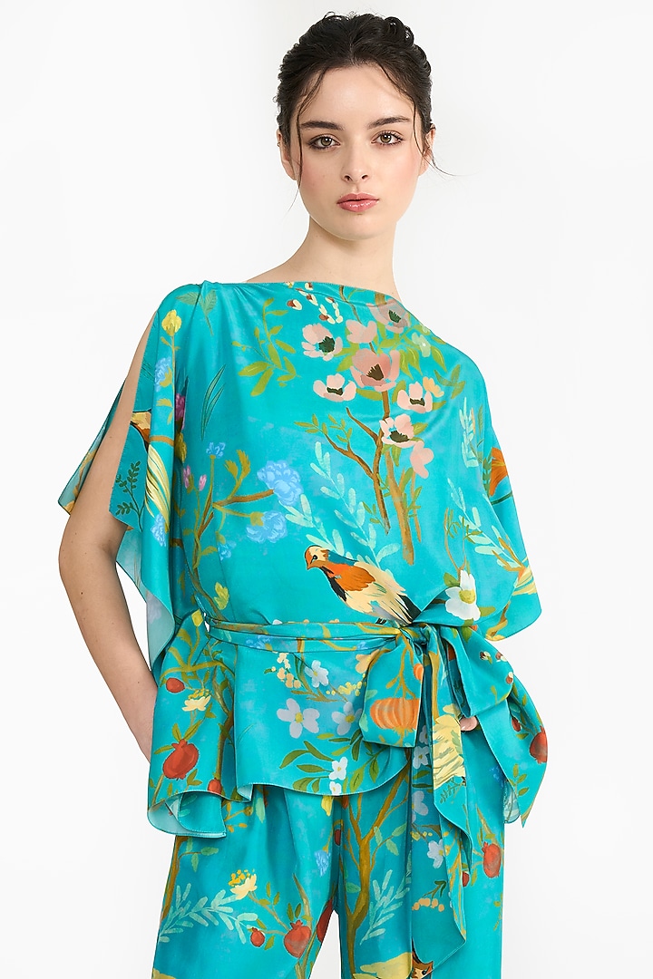 Turquoise Habutai Silk Chinoiserie Printed Kaftan Set by Gauri And Nainika at Pernia's Pop Up Shop