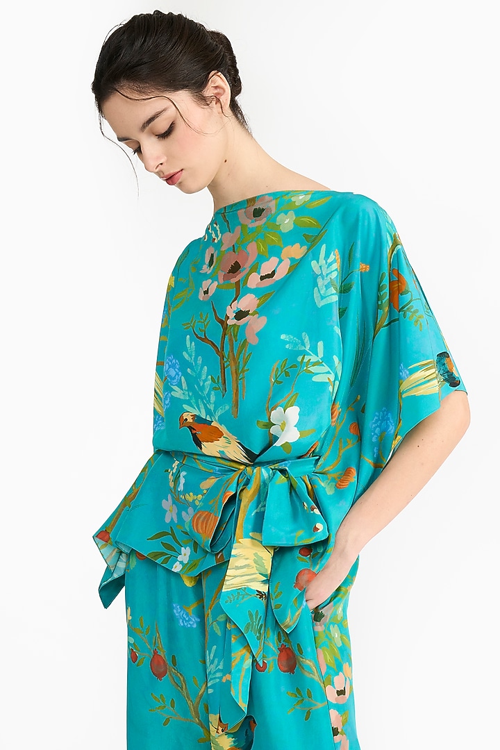 Turquoise Habutai Silk Chinoiserie Printed Kaftan Set by Gauri And Nainika at Pernia's Pop Up Shop