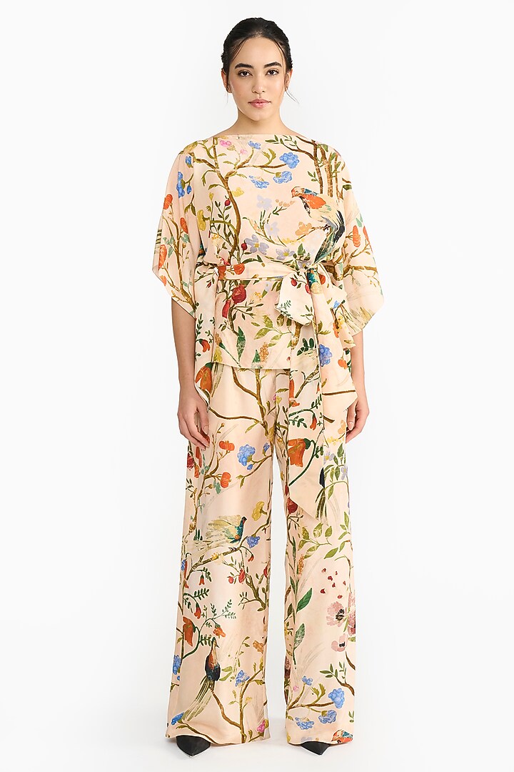 Peach Habutai Silk Chinoiserie Printed Kaftan Set by Gauri And Nainika at Pernia's Pop Up Shop
