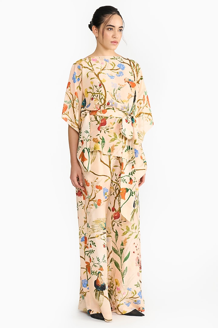 Peach Habutai Silk Chinoiserie Printed Kaftan Set by Gauri And Nainika at Pernia's Pop Up Shop