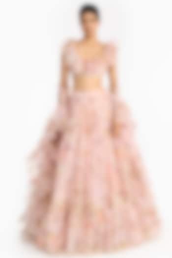 Light Pink Silk Organza Chinoiserie Printed Bridal Lehenga Set by Gauri And Nainika at Pernia's Pop Up Shop