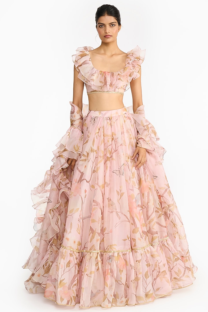 Light Pink Silk Organza Chinoiserie Printed Bridal Lehenga Set by Gauri And Nainika at Pernia's Pop Up Shop
