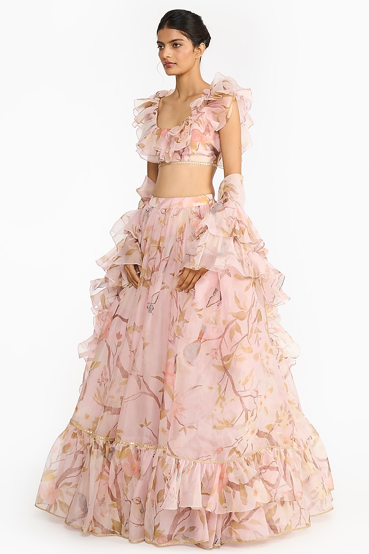 Light Pink Silk Organza Chinoiserie Printed Bridal Lehenga Set by Gauri And Nainika at Pernia's Pop Up Shop