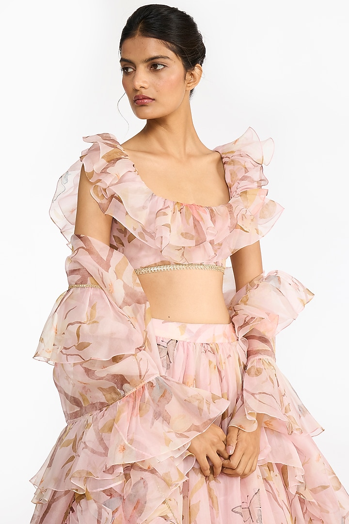 Light Pink Silk Organza Chinoiserie Printed Bridal Lehenga Set by Gauri And Nainika at Pernia's Pop Up Shop
