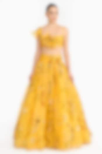 Yellow Silk Organza Chinoiserie Printed Wedding Lehenga Set by Gauri And Nainika at Pernia's Pop Up Shop