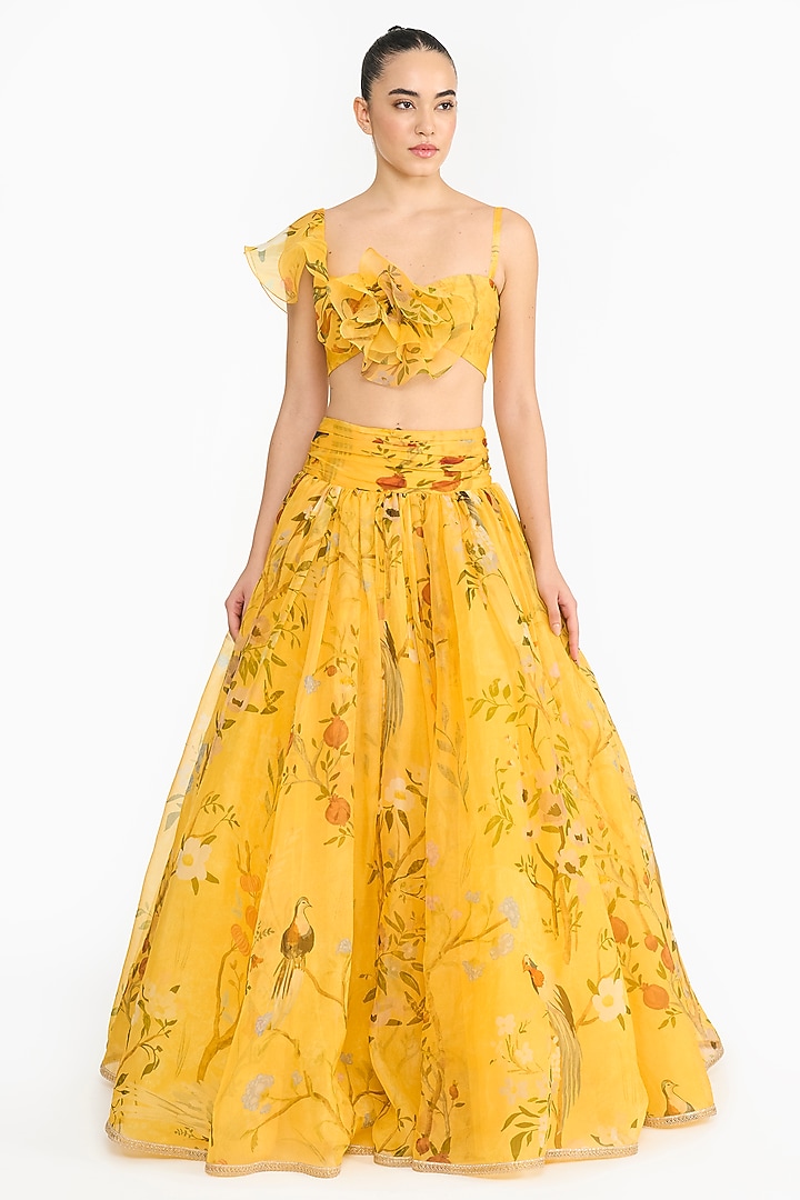 Yellow Silk Organza Chinoiserie Printed Wedding Lehenga Set by Gauri And Nainika at Pernia's Pop Up Shop