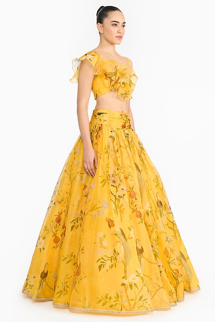 Yellow Silk Organza Chinoiserie Printed Wedding Lehenga Set by Gauri And Nainika at Pernia's Pop Up Shop