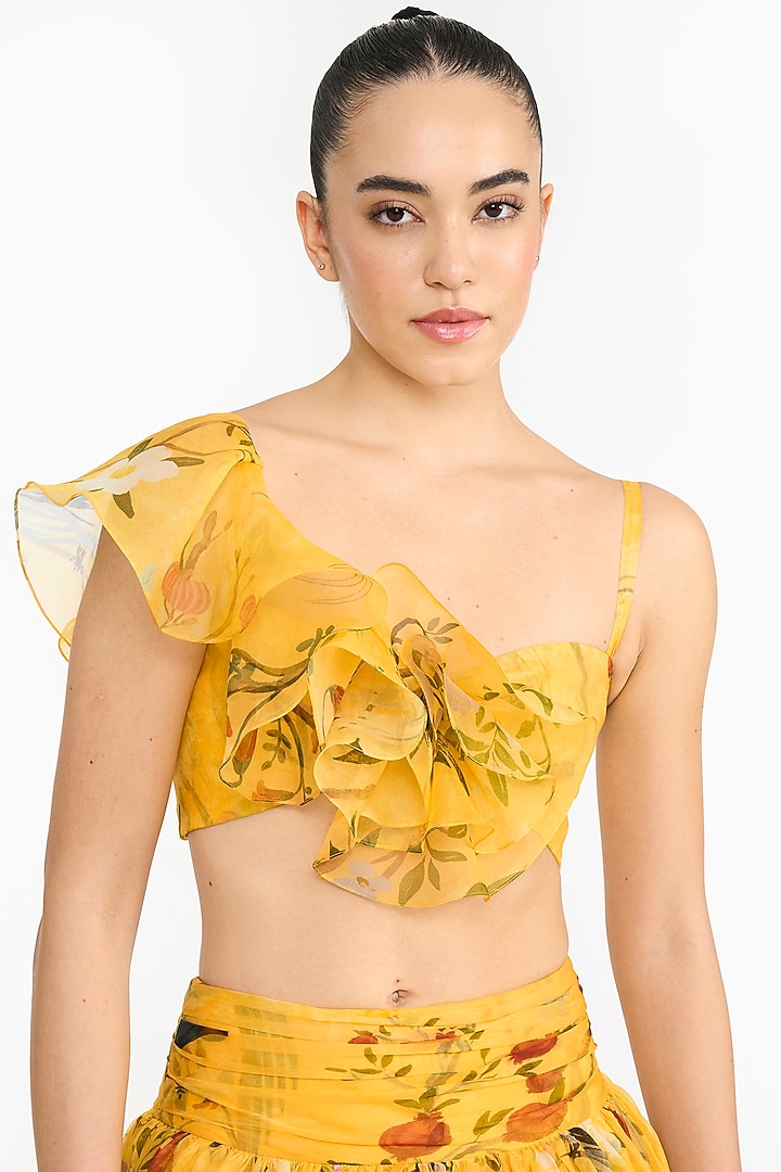 Yellow Silk Organza Chinoiserie Printed Wedding Lehenga Set by Gauri And Nainika at Pernia's Pop Up Shop