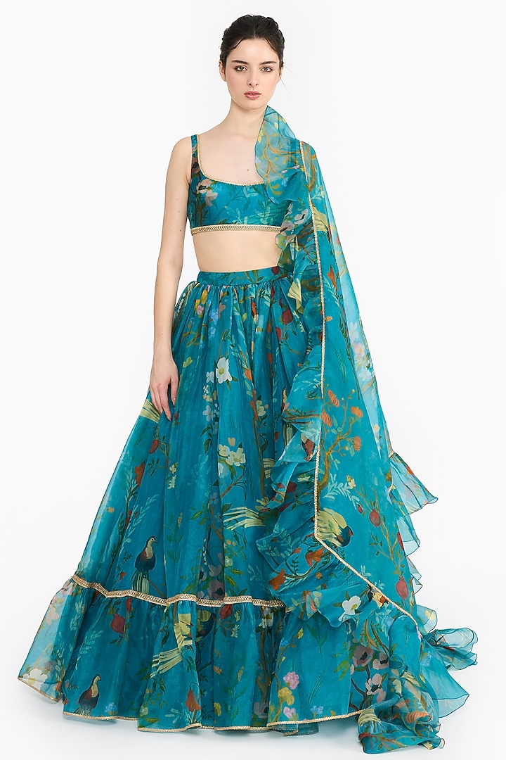 Turquoise Silk Organza Chinoiserie Printed Bridal Lehenga Set by Gauri And Nainika at Pernia's Pop Up Shop