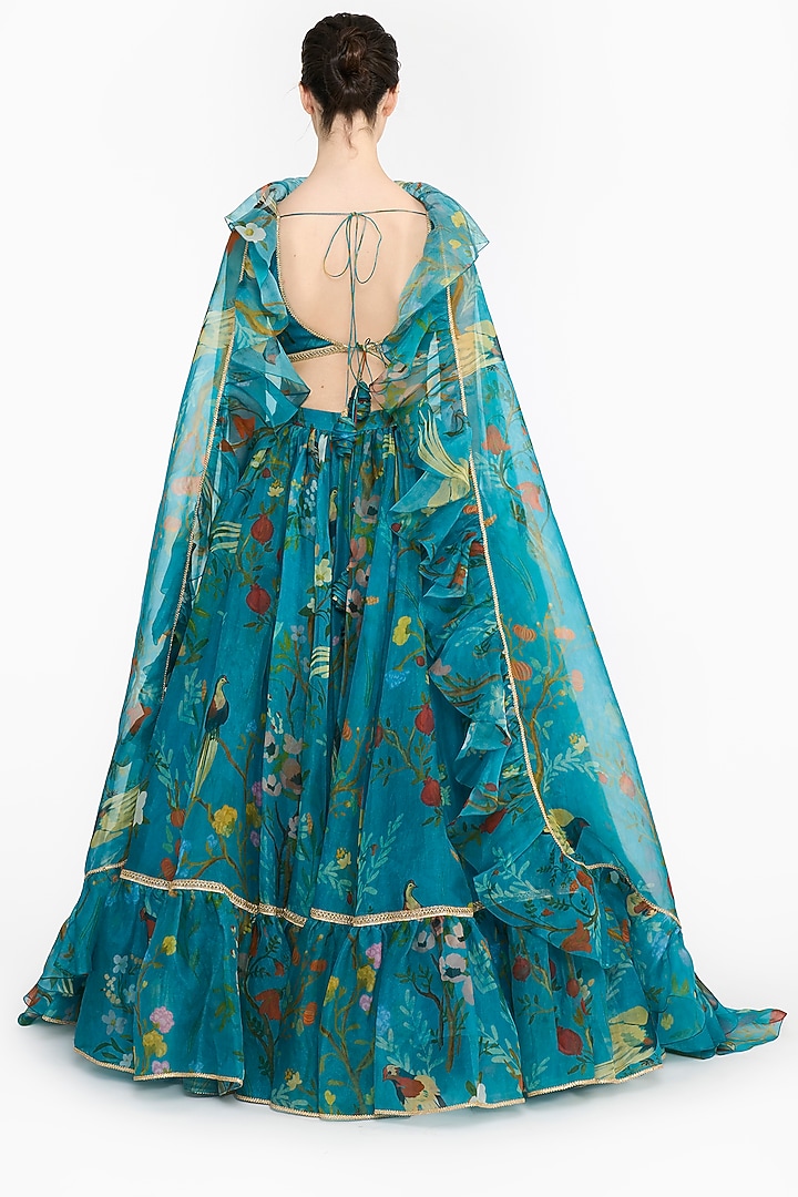 Turquoise Silk Organza Chinoiserie Printed Bridal Lehenga Set by Gauri And Nainika at Pernia's Pop Up Shop