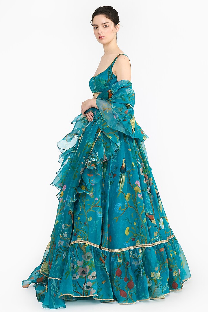 Turquoise Silk Organza Chinoiserie Printed Bridal Lehenga Set by Gauri And Nainika at Pernia's Pop Up Shop
