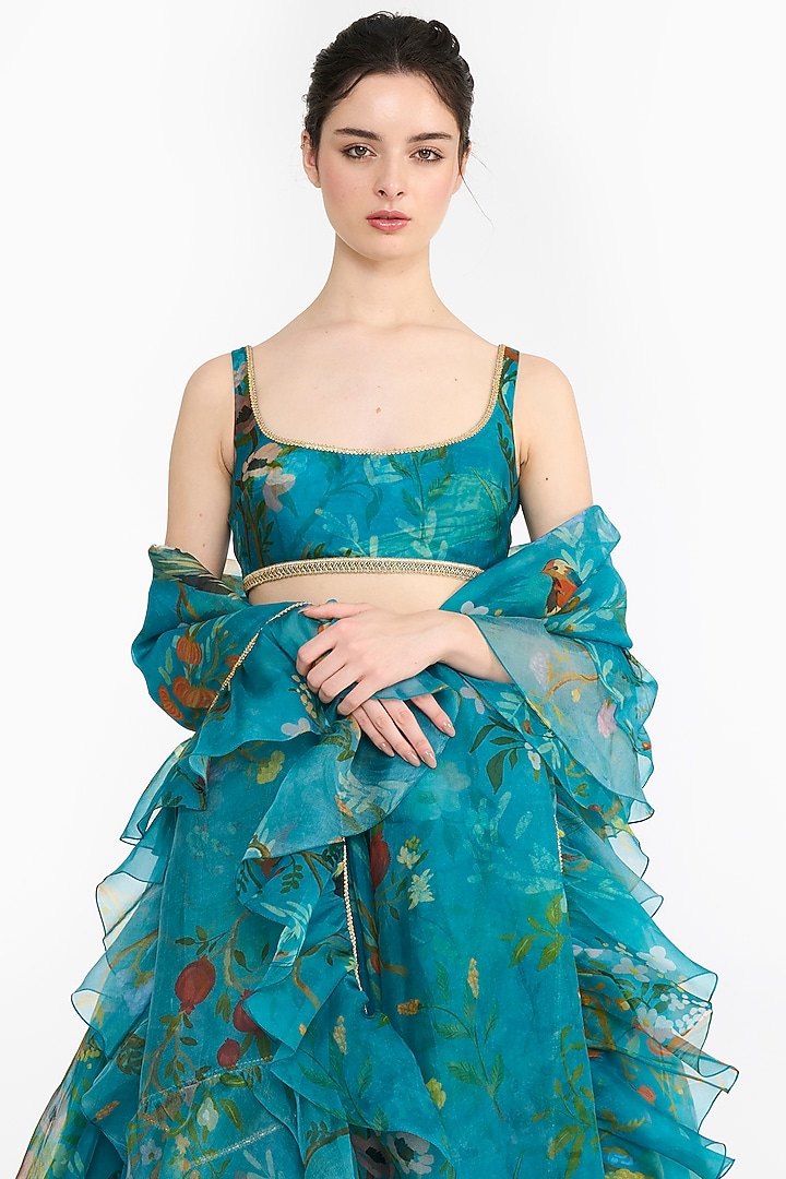 Turquoise Silk Organza Chinoiserie Printed Bridal Lehenga Set by Gauri And Nainika at Pernia's Pop Up Shop
