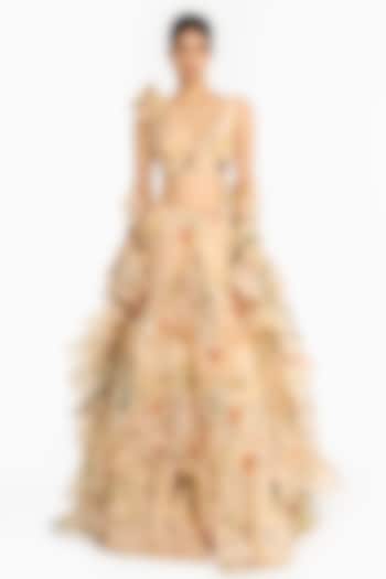 Peach Silk Organza Chinoiserie Printed Bridal Lehenga Set by Gauri And Nainika at Pernia's Pop Up Shop