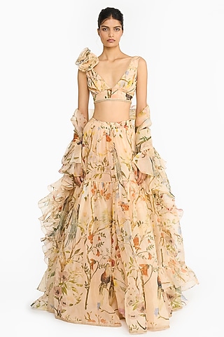 Peach Silk Organza Chinoiserie Printed Lehenga Set by Gauri And Nainika