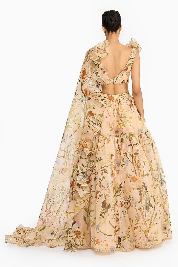 Peach Silk Organza Chinoiserie Printed Bridal Lehenga Set by Gauri And Nainika at Pernia's Pop Up Shop
