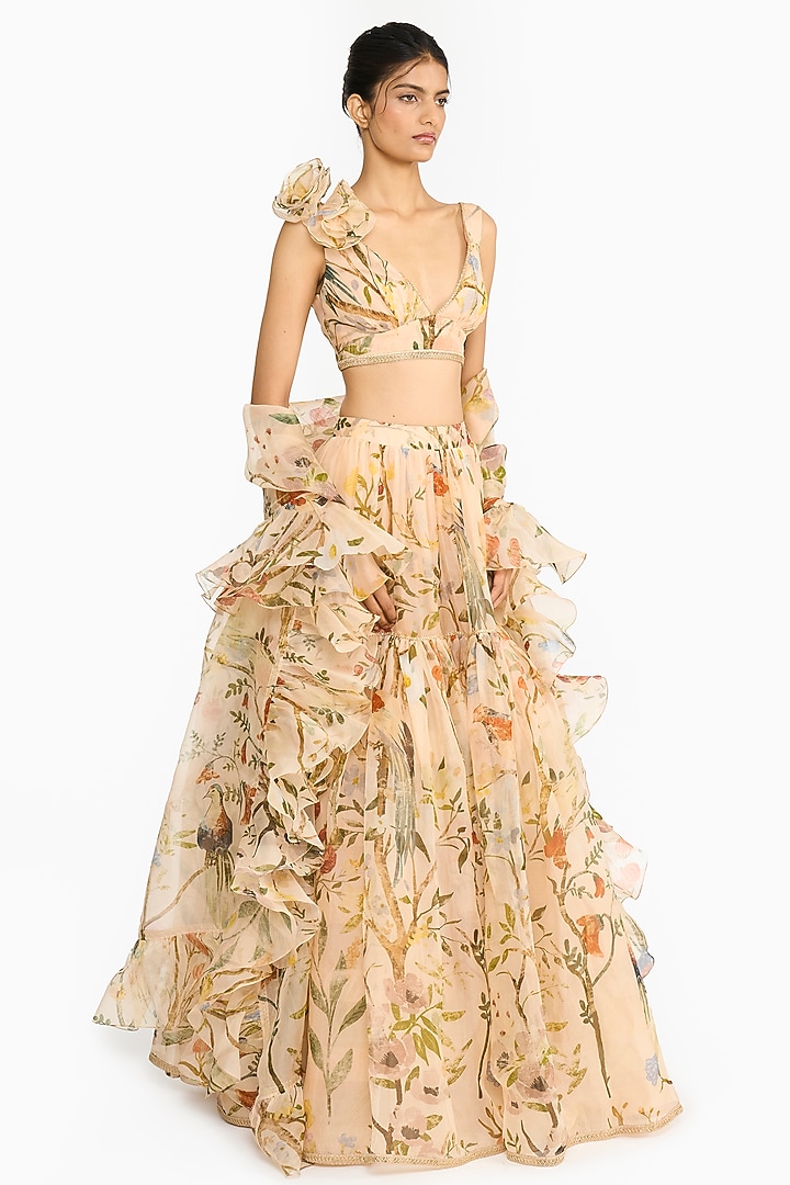 Peach Silk Organza Chinoiserie Printed Bridal Lehenga Set by Gauri And Nainika at Pernia's Pop Up Shop