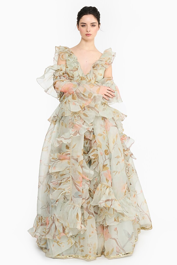Light Teal Silk Organza Chinoiserie Printed Bridal Lehenga Set by Gauri And Nainika at Pernia's Pop Up Shop