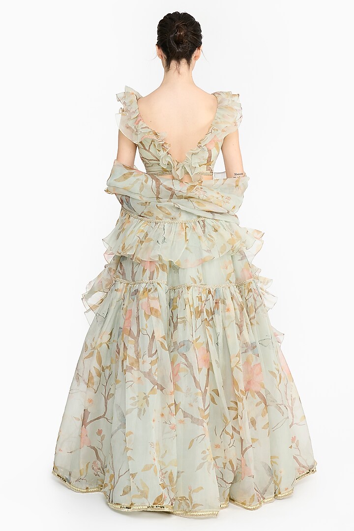 Light Teal Silk Organza Chinoiserie Printed Bridal Lehenga Set by Gauri And Nainika at Pernia's Pop Up Shop