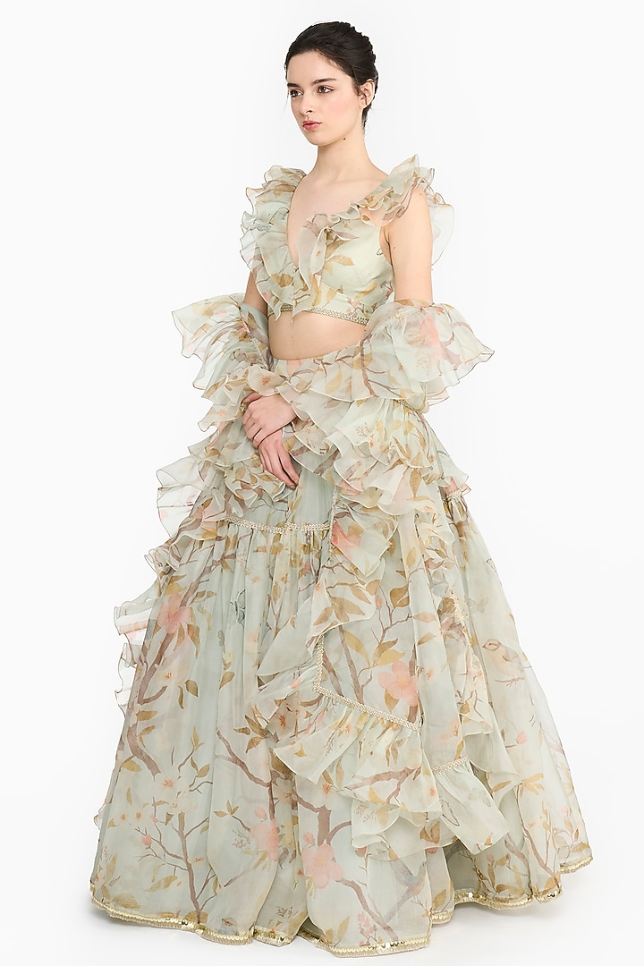 Light Teal Silk Organza Chinoiserie Printed Bridal Lehenga Set by Gauri And Nainika at Pernia's Pop Up Shop