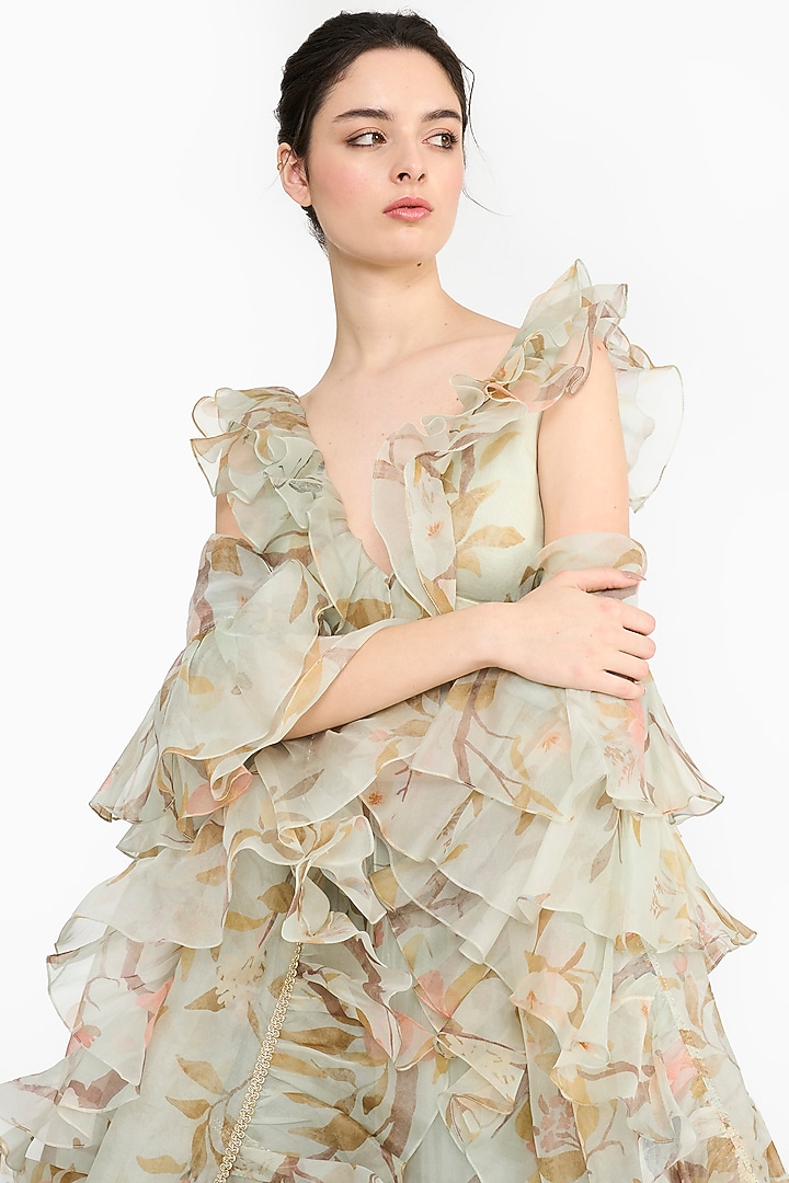 Light Teal Silk Organza Chinoiserie Printed Bridal Lehenga Set by Gauri And Nainika at Pernia's Pop Up Shop