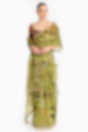 Green Organza Chinoiserie Printed Reception Saree Set by Gauri And Nainika at Pernia's Pop Up Shop