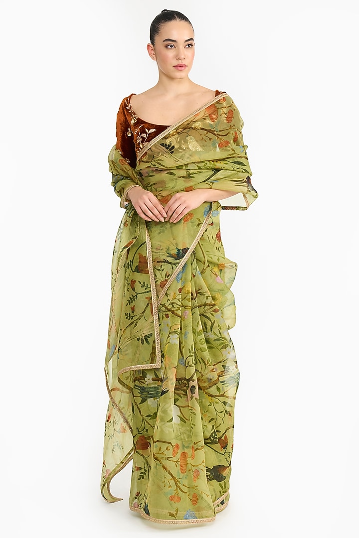 Green Organza Chinoiserie Printed Reception Saree Set by Gauri And Nainika at Pernia's Pop Up Shop