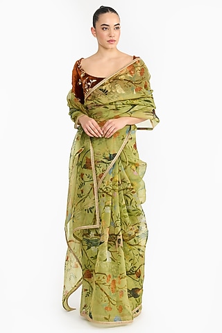 Green Organza Chinoiserie Printed Saree Set by Gauri And Nainika