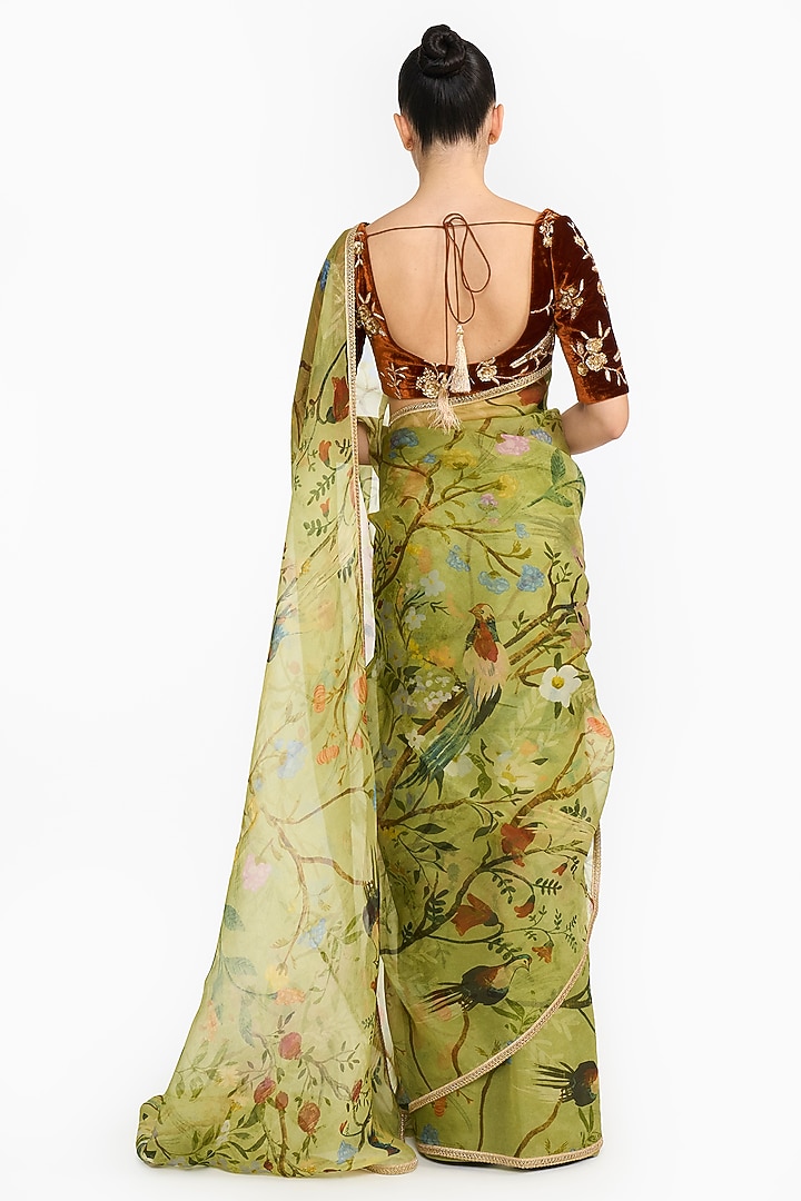 Green Organza Chinoiserie Printed Reception Saree Set by Gauri And Nainika at Pernia's Pop Up Shop