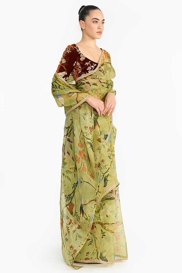 Green Organza Chinoiserie Printed Reception Saree Set by Gauri And Nainika at Pernia's Pop Up Shop