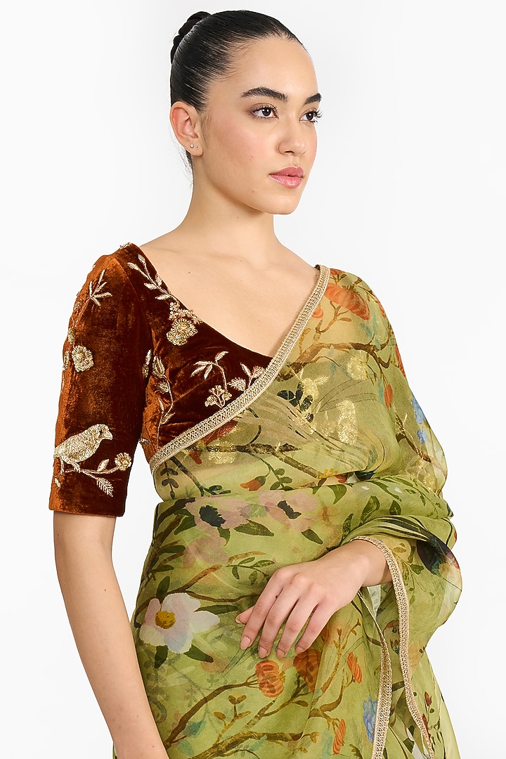 Green Organza Chinoiserie Printed Reception Saree Set by Gauri And Nainika at Pernia's Pop Up Shop