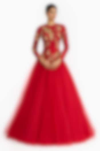 Red Tulle Voluminous Skirt Set by Gauri And Nainika at Pernia's Pop Up Shop
