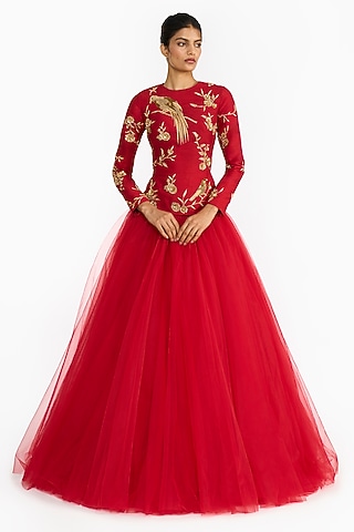 Red Tulle Voluminous Skirt Set by Gauri And Nainika