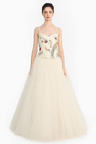 Ivory Tulle Voluminous Skirt Set by Gauri And Nainika