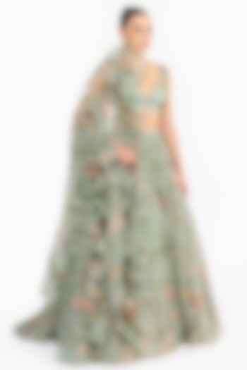 Dark Teal Silk Organza Chinoiserie Bridal Lehenga Set by Gauri And Nainika at Pernia's Pop Up Shop