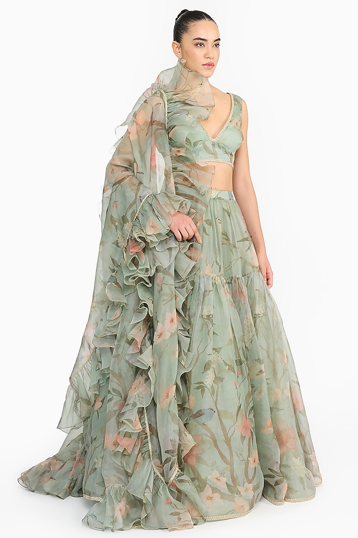 Dark Teal Silk Organza Chinoiserie Bridal Lehenga Set by Gauri And Nainika at Pernia's Pop Up Shop