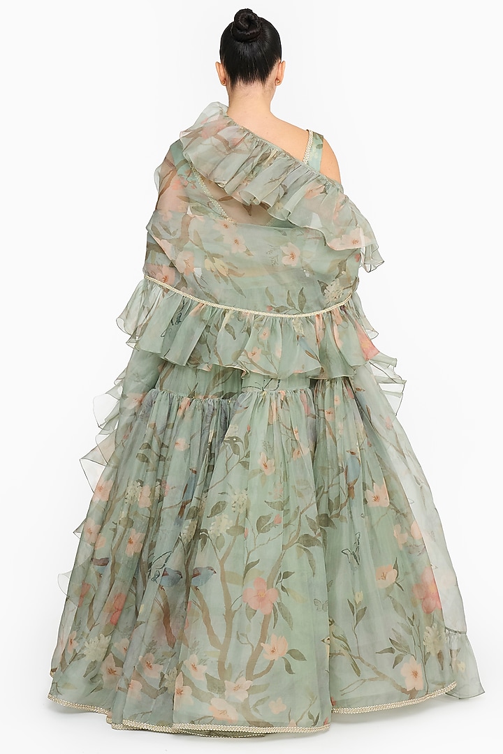 Dark Teal Silk Organza Chinoiserie Bridal Lehenga Set by Gauri And Nainika at Pernia's Pop Up Shop