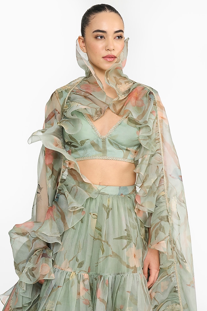 Dark Teal Silk Organza Chinoiserie Bridal Lehenga Set by Gauri And Nainika at Pernia's Pop Up Shop