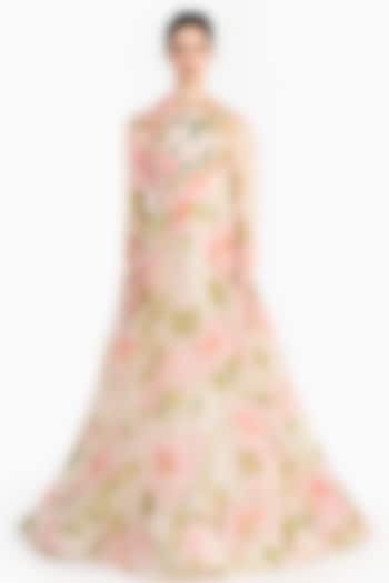 Pink Silk Organza Rose Printed & Embroidered Angrakha by Gauri And Nainika at Pernia's Pop Up Shop