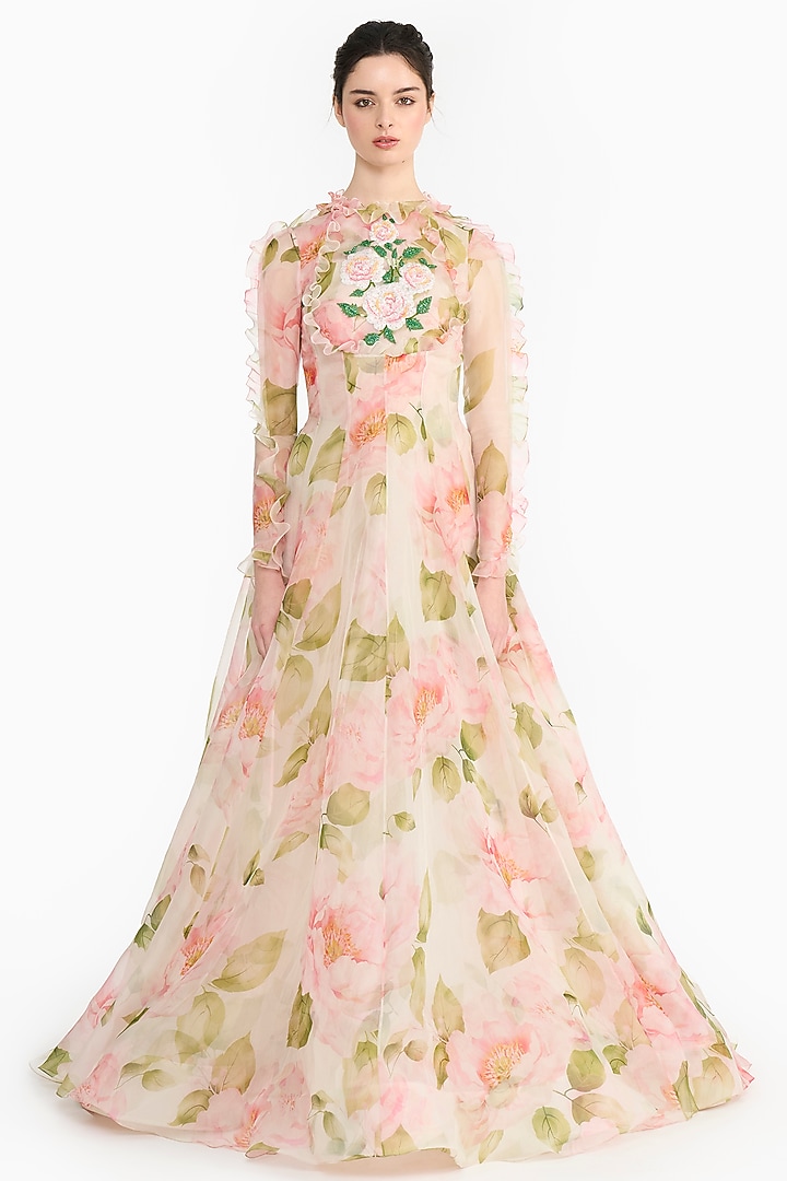 Pink Silk Organza Rose Printed & Embroidered Angrakha by Gauri And Nainika at Pernia's Pop Up Shop