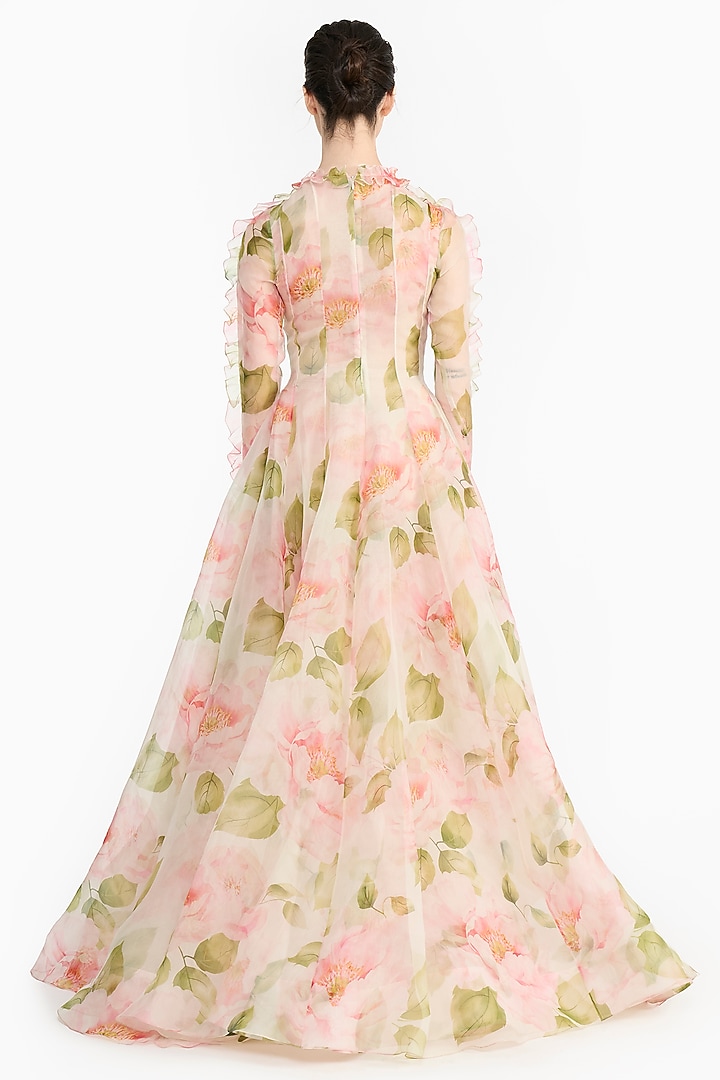 Pink Silk Organza Rose Printed & Embroidered Angrakha by Gauri And Nainika at Pernia's Pop Up Shop