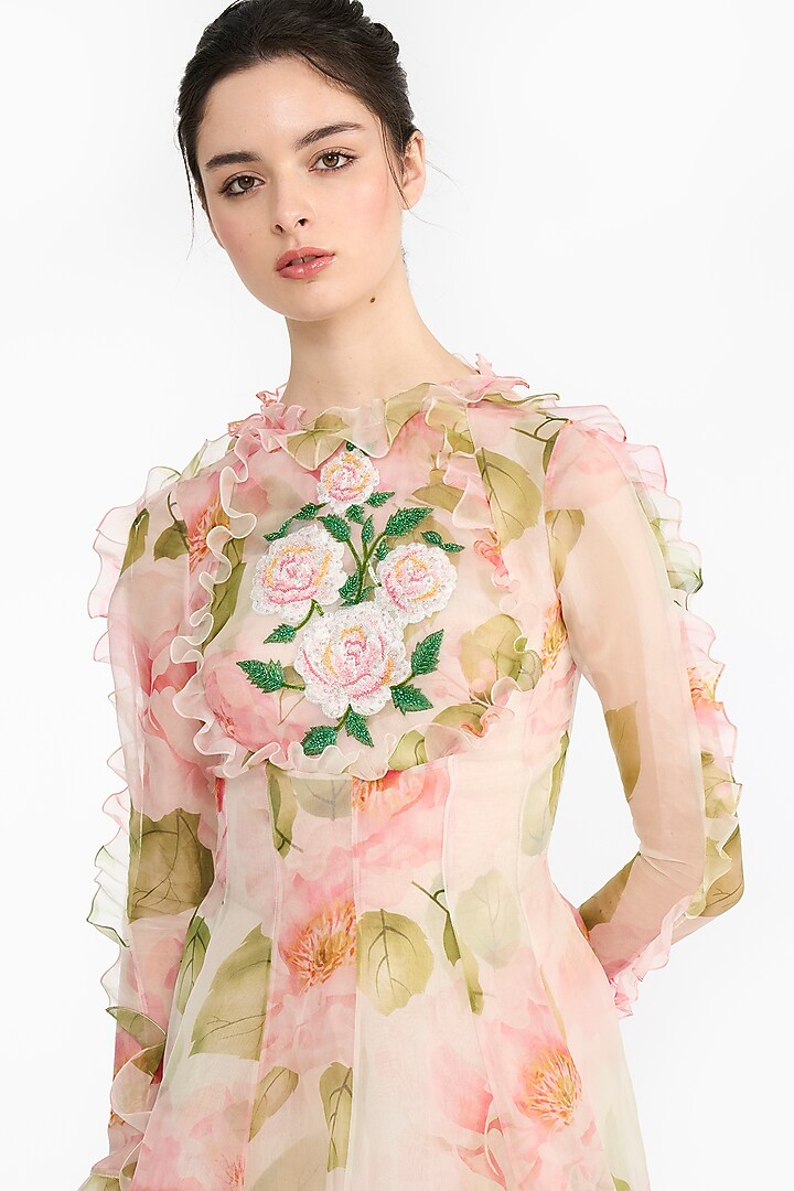 Pink Silk Organza Rose Printed & Embroidered Angrakha by Gauri And Nainika at Pernia's Pop Up Shop