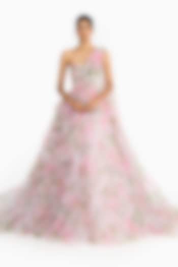 Pink Tulle Rose Printed Bridal Lehenga Saree Set by Gauri And Nainika at Pernia's Pop Up Shop