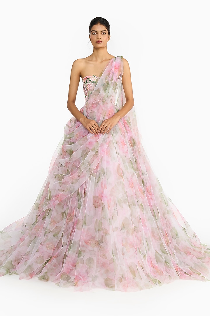 Pink Tulle Rose Printed Bridal Lehenga Saree Set by Gauri And Nainika at Pernia's Pop Up Shop