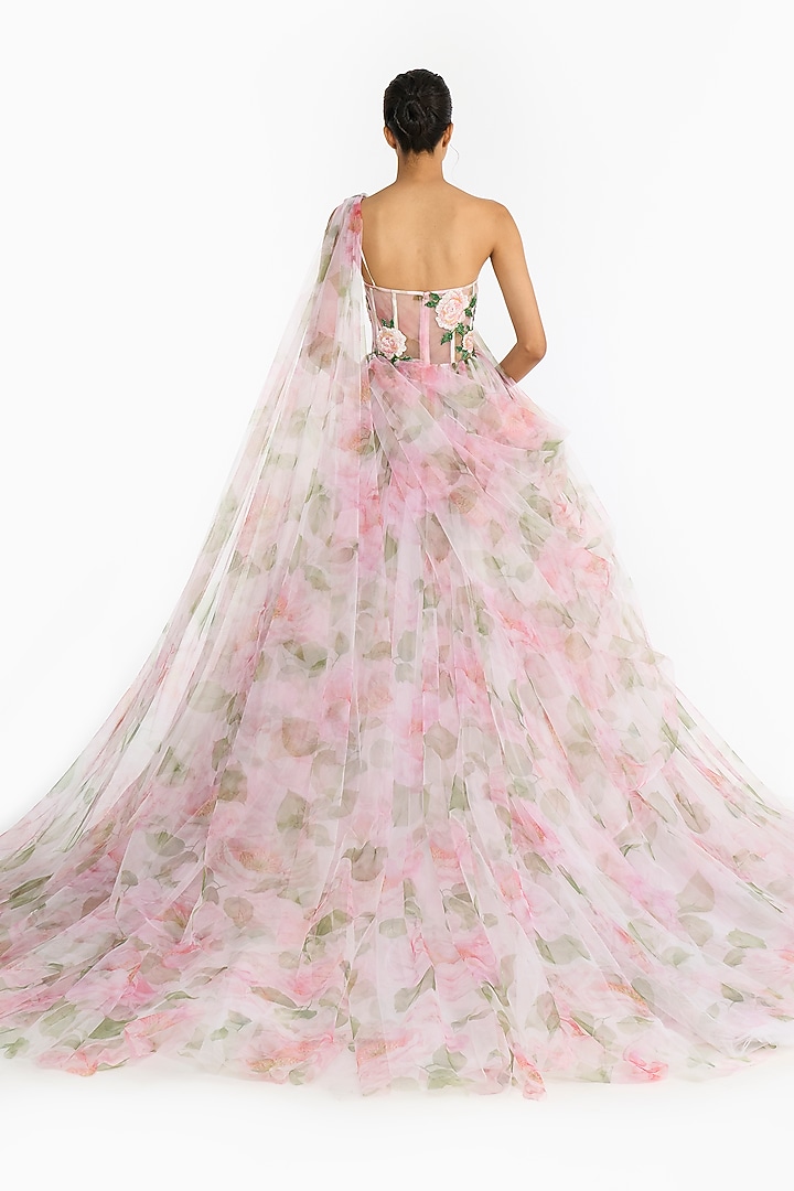 Pink Tulle Rose Printed Bridal Lehenga Saree Set by Gauri And Nainika at Pernia's Pop Up Shop