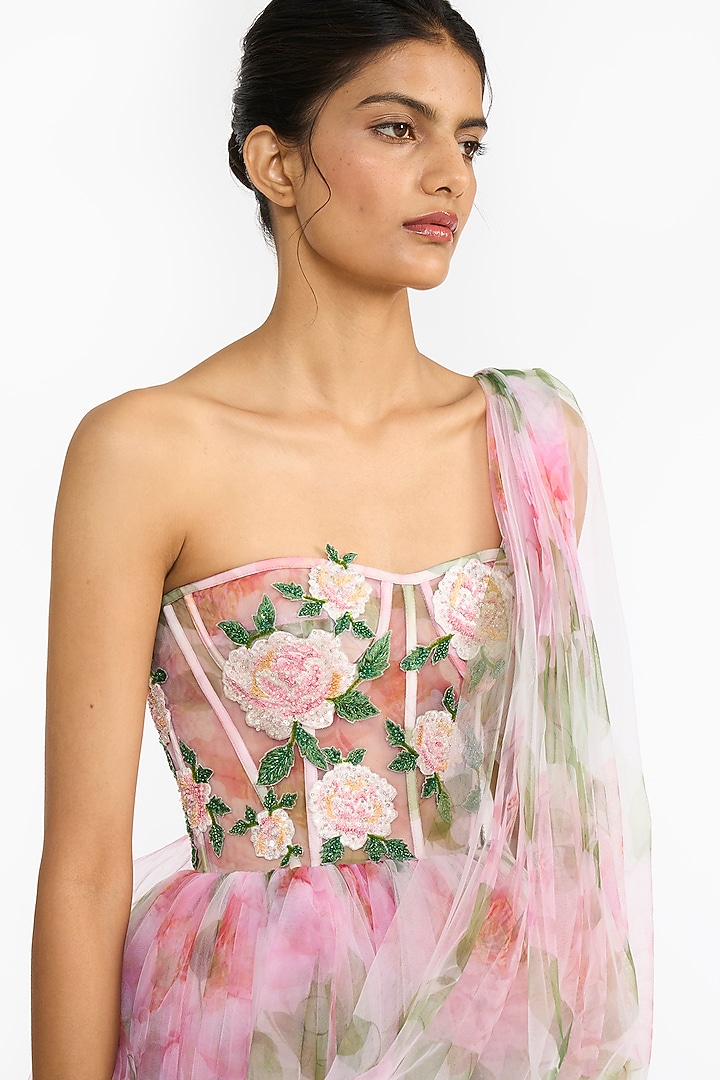 Pink Tulle Rose Printed Bridal Lehenga Saree Set by Gauri And Nainika at Pernia's Pop Up Shop