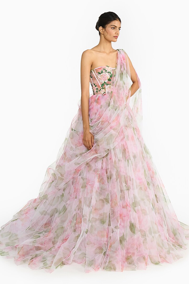 Pink Tulle Rose Printed Bridal Lehenga Saree Set by Gauri And Nainika at Pernia's Pop Up Shop